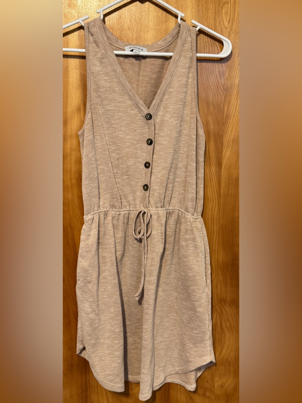 Gilli Taupe Knit Button-Front Drawstring Dress